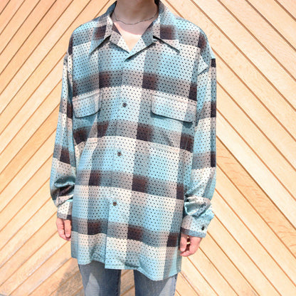 PUNCHING RAYON OMBRE PLAID OPEN COLLER BLOUSE #GREEN OMBRE [2441000509]