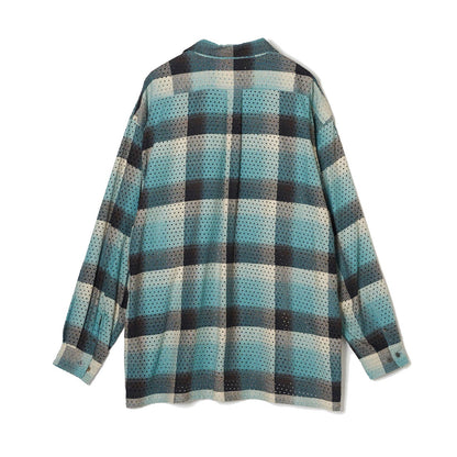 PUNCHING RAYON OMBRE PLAID OPEN COLLER BLOUSE #GREEN OMBRE [2441000509]
