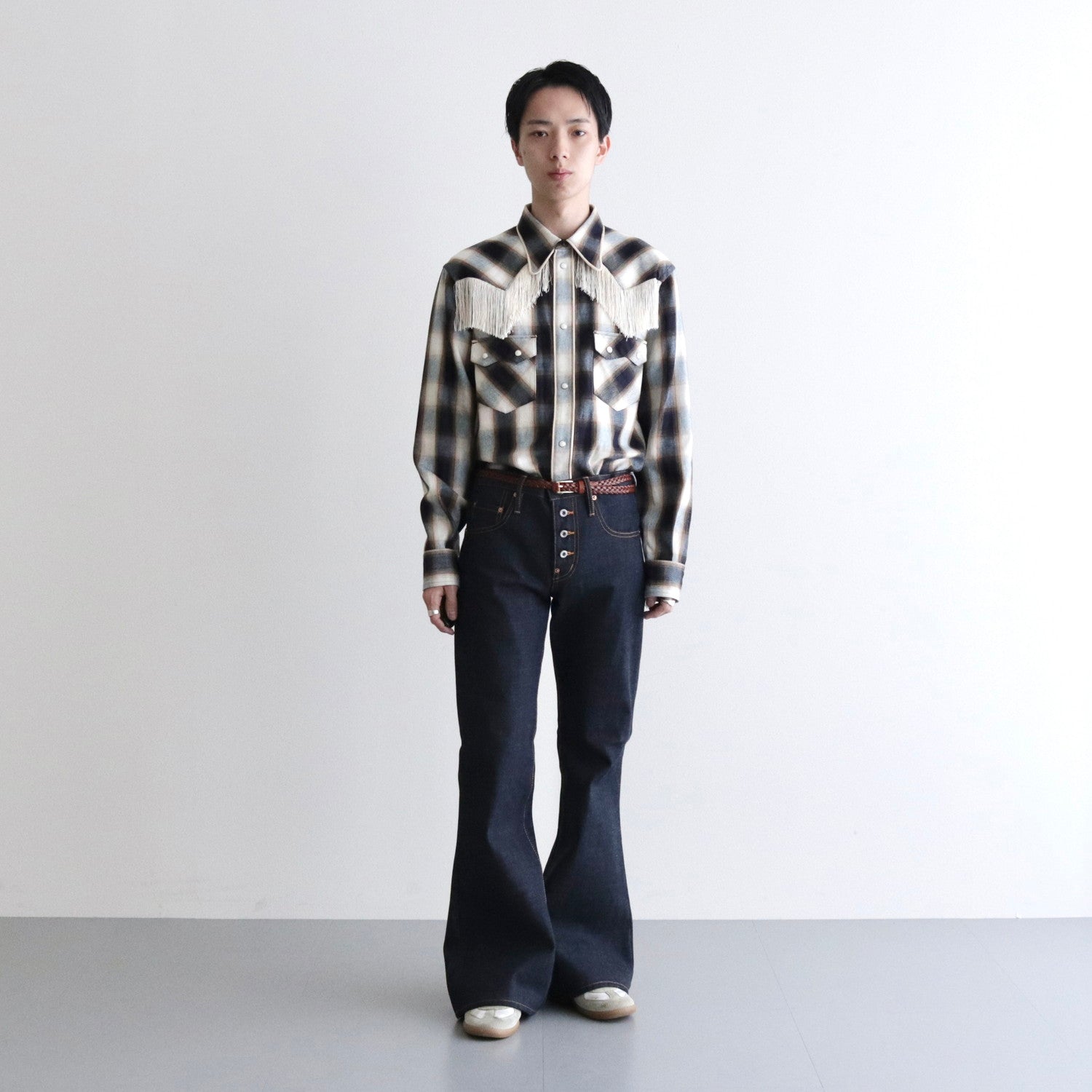 INDIGO COTTON OMBRE PLAID WESTERN BLOUSE #INDIGO&BROWN [23AWSH12]