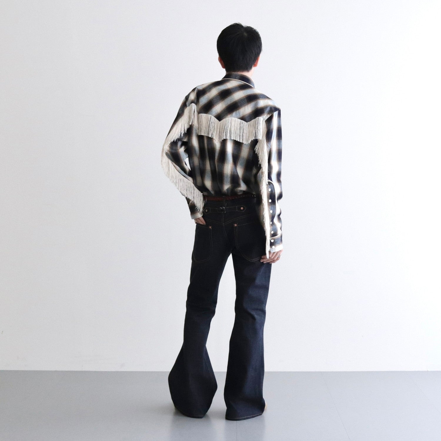 INDIGO COTTON OMBRE PLAID WESTERN BLOUSE #INDIGO&BROWN [23AWSH12